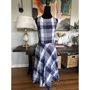 Eliza J Dress Womens 12 Blue White Plaid Fit & Flare Bow Back Coastal Preppy